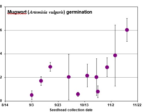 Figure 2. Mean (SD) of seeds germinating per seedhead from samples collected in 2013.