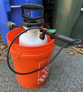 Using a 5-gallon orange bucket helps improve stability and it’s easier to see in the forest. The loppers can also fit inside. Fiskars PowerGear 18-inch Loppers are an effective tool but there are many other choices.